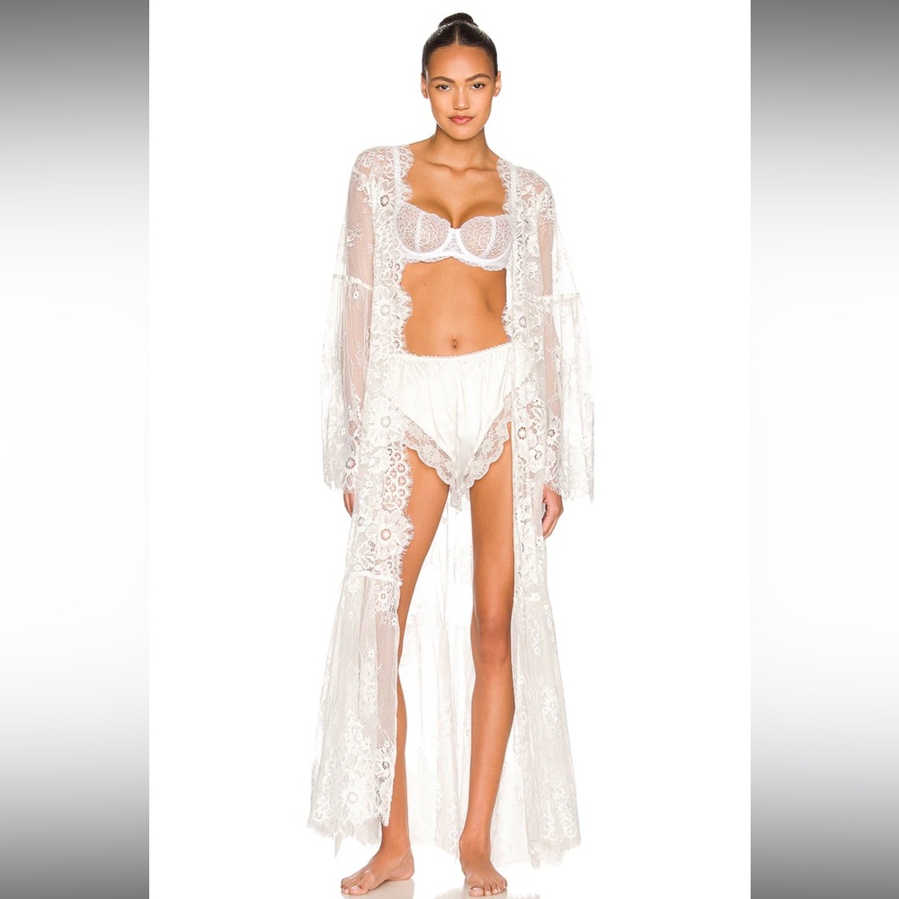 Homeboddi Georgina Long Lace Robe in White from Revolve